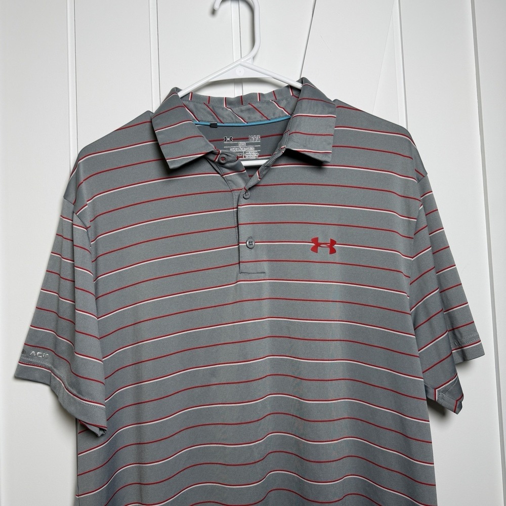 Under Armour Men's Loose Heat Gear golf polo shirt Large Activewear Gray Striped - Picture 10 of 10